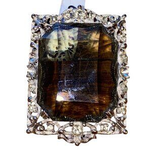 Vintage Ornate Smoky Quartz Brooch - Silver-Tone Metal Large Gemstone - Antique